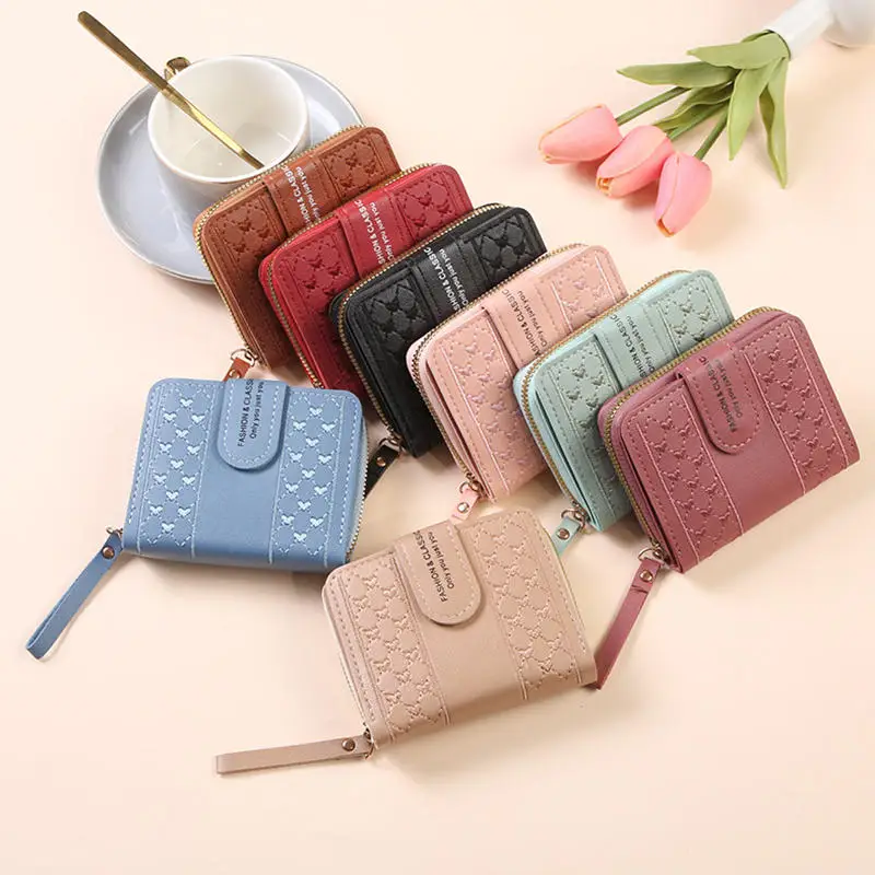 

Embroidered Love Heart Wallet Fashion Ladies Multifunction ID Holder Card Holders Wallet ID Holder Zipper Snap Short Wallet