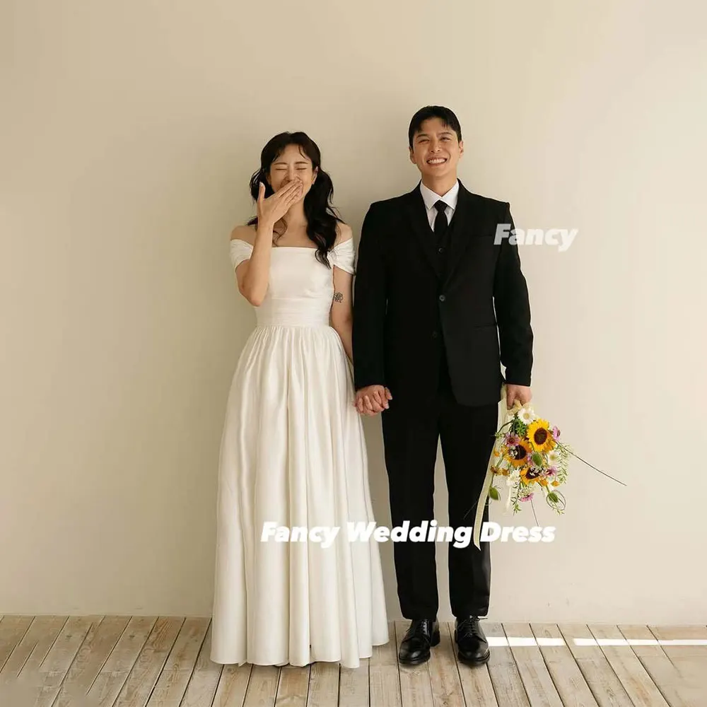 Fancy Korea Simple Off Shoulder Wedding Dress Photoshoot A Line Soft Satin Evening Dresses Floor Length Back Corset Customized
