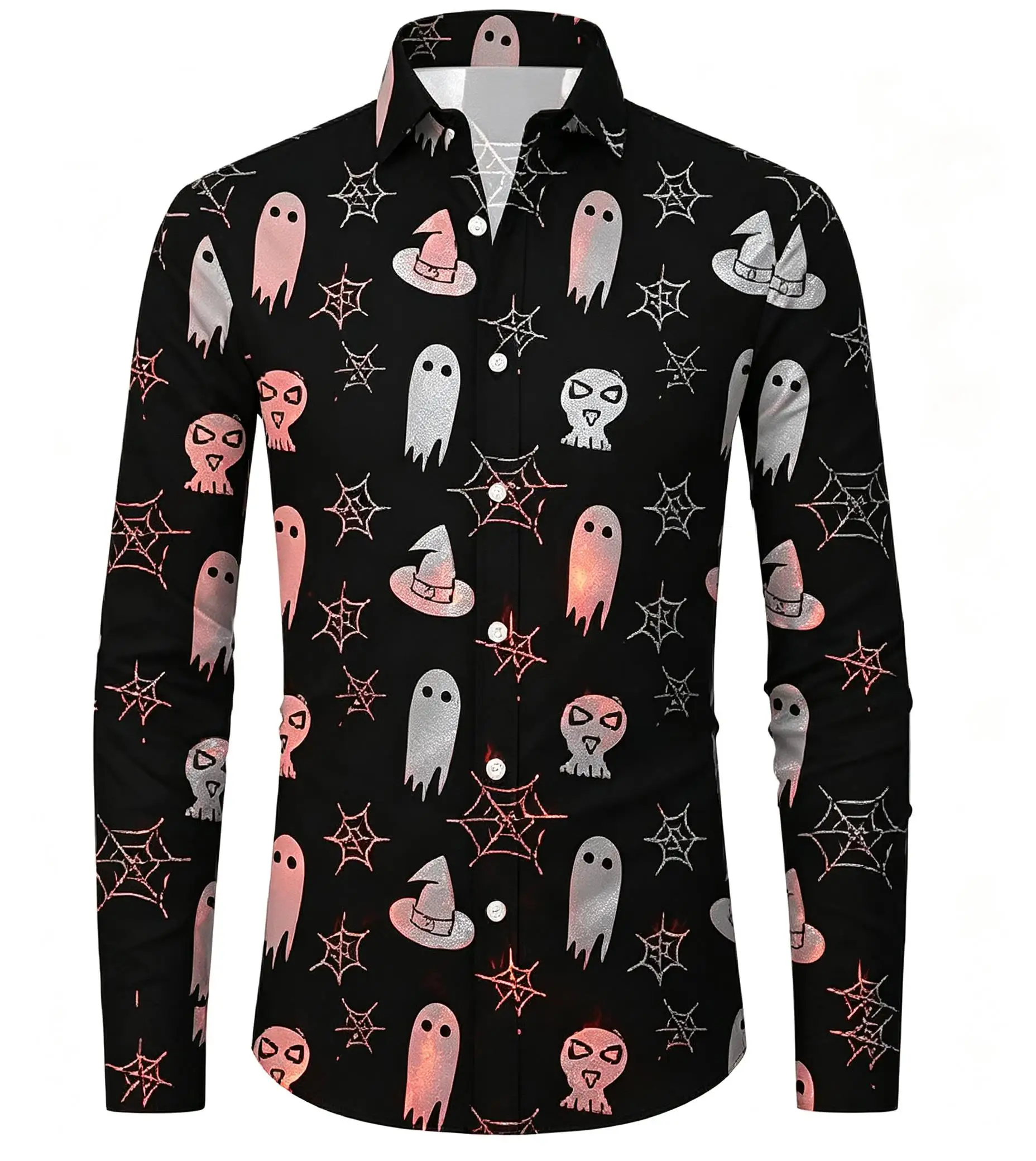Men Long-Sleeve Button-Down Shirt Black Cartoon Ghost Spider Web Print Polyester Lapel Collar Halloween Party Top