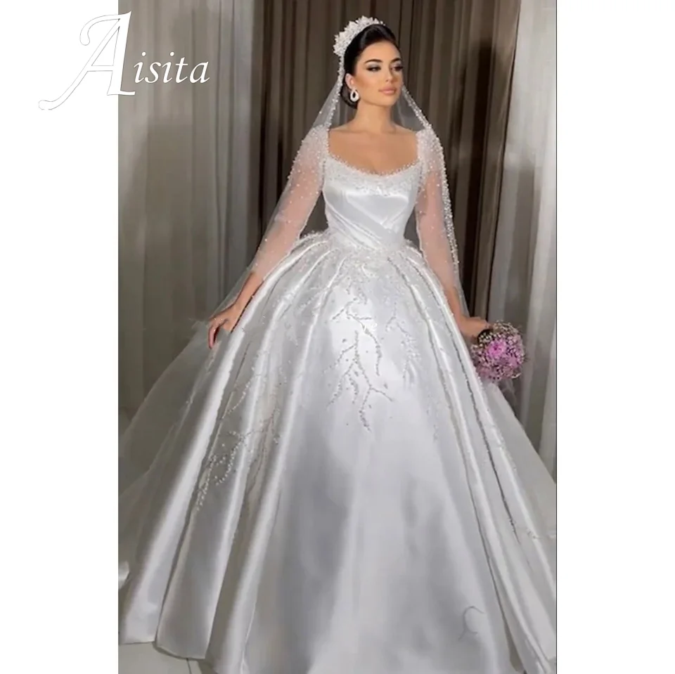 Customized Ball Gown Square Collar Long Sleeves Wedding Dresses A-Line for Bride Applique Puffy Beading Pearls Bridal Dresses