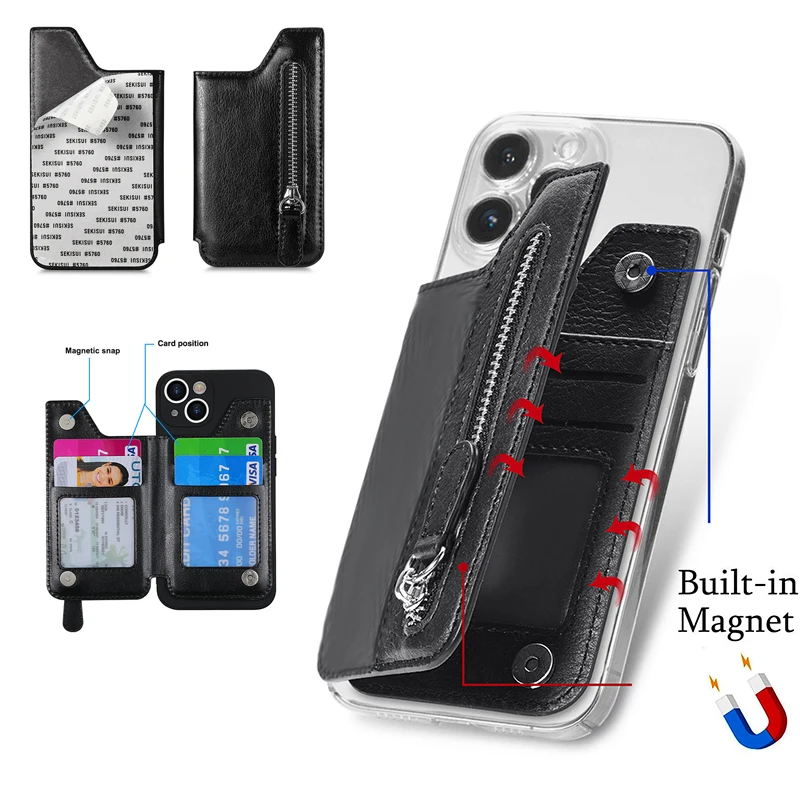 Phone Back Card Holder Case With Magnetic Closure Sticker Back Cover Phone Card Pouch For Samsung Iphone Xiaomi Phone Universal