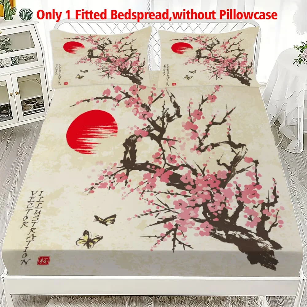 1 Stück Japanische Kirschblüten-Sonnendruck-Spannbettlaken mit Tiefen Taschen, elastischer Matratzenbezug für Einzel-, Doppel-, Queen- und King-Size-Betten, Schlafzimmer-Dekoration