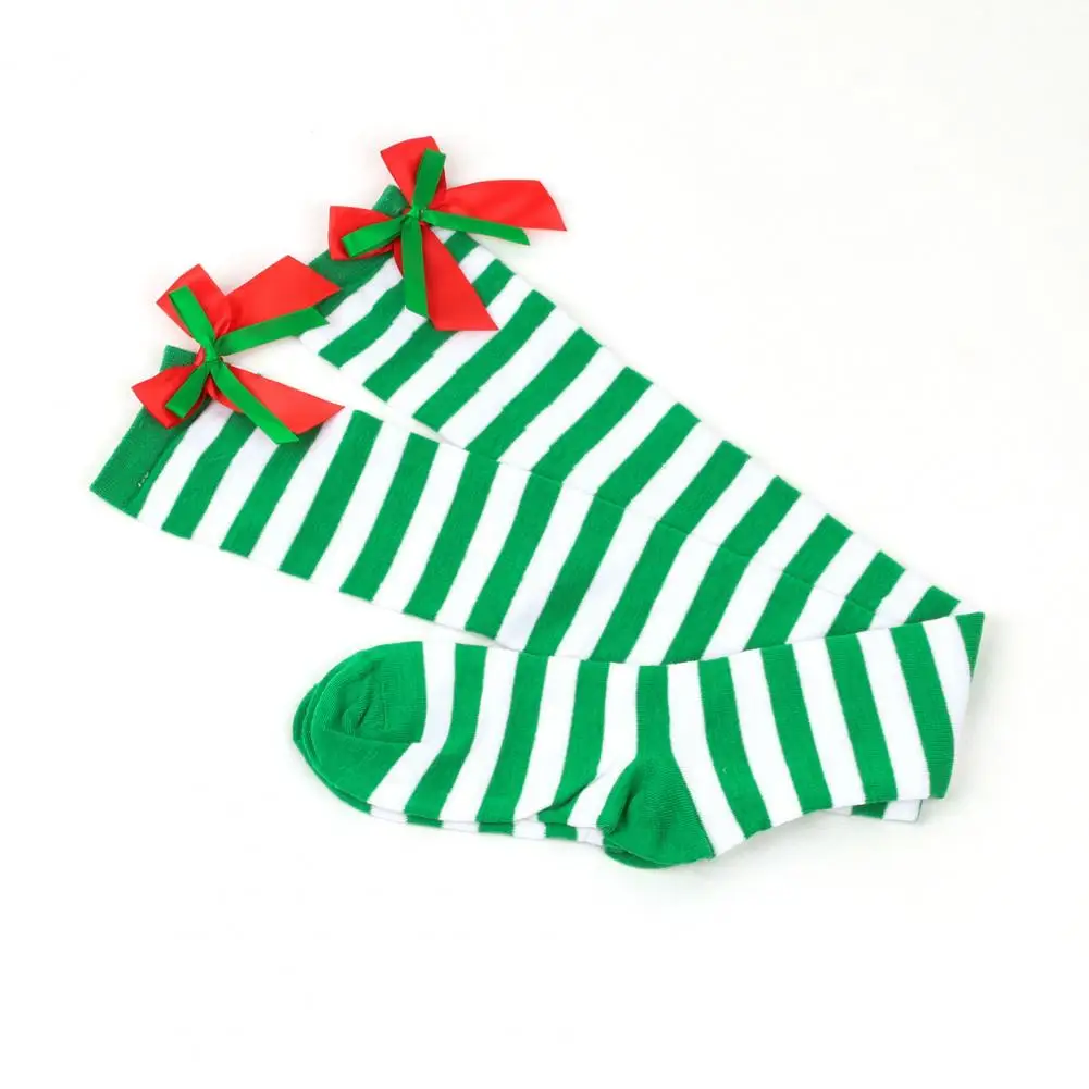 Christmas Themed Knee-length Socks Knee-length Stockings Winter Christmas Socks with Bow Decor Striped for Warmth for Fall