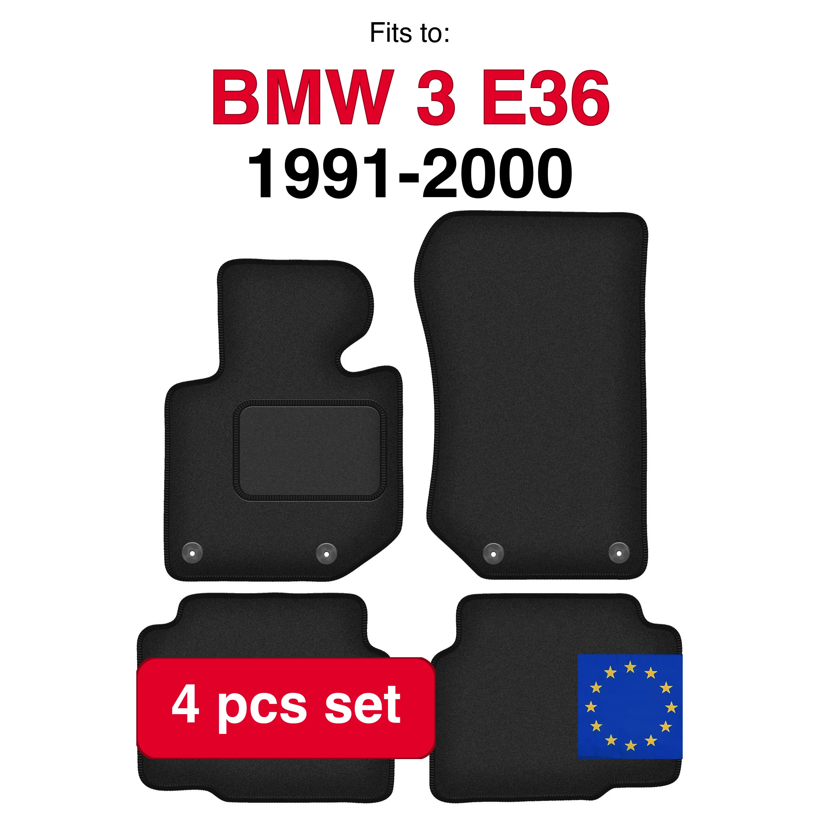 Auto velour matten voor BMW 3 E36 Compact Coupé Sedan stationwagen touring (1991-2000) - Zwart (4 stuks) auto passende automattenset