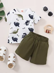 Casual Outing Clothes For Boys And Babies Summer Simple Set Crew Neck Cartoon Dinosaur Short Sleeve TopT-Shirt Army Green Shorts