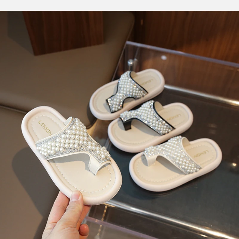 

New Pearls Summer Girl Slippers Patent Leather Slides Shoes Flat Beach Sandals Kids Outside Platform Fashion Flip Flop Beaded