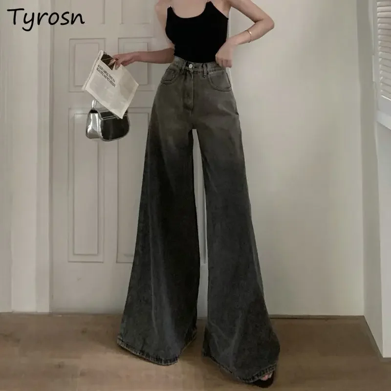 Wide Leg Jeans Women Summer Empire Loose Simple Solid All-match Ladies Vintage Elegant American Style Temperament Tender Cozy