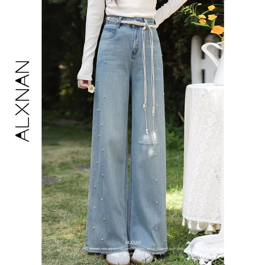 

ALXNAN Blue Straight Jeans with Rhinestone and Pearl Inlay High Waist Wide Leg Denim Pants Spring 2026 Casual Baggy Jeans L61883