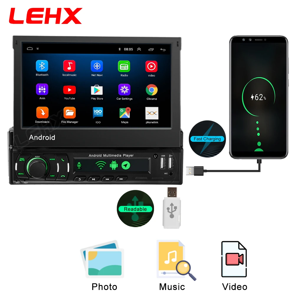 LEHX راديو 1Din أندرويد السيارات Carplay 7 "HD العالمي ستيريو نظام تحديد المواقع الملاح شاشة قابل للسحب راديو السيارة الوسائط المتعددة الفيديو رئيس وحدة DVD #4