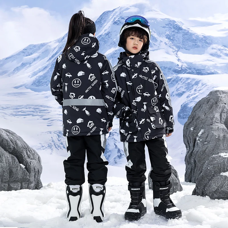 Children Skiing Suit Boy Girl Ski Clothing Pants Set Winter Windproof Warm Outdoor Sports Hiking Snow Clothes Suits Black White