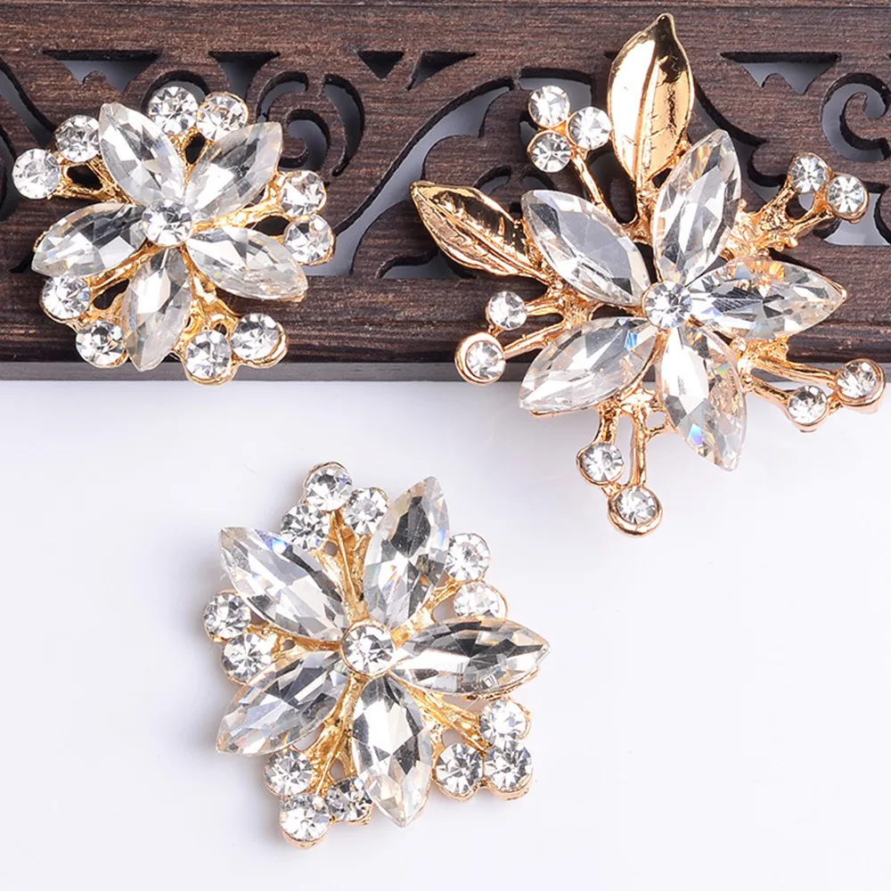 Gold Alloy Big Rhinestone Flower Embellishment for Bow Center Decorative 10pcs Vintage Flatback Button Diy Wedding Accessories