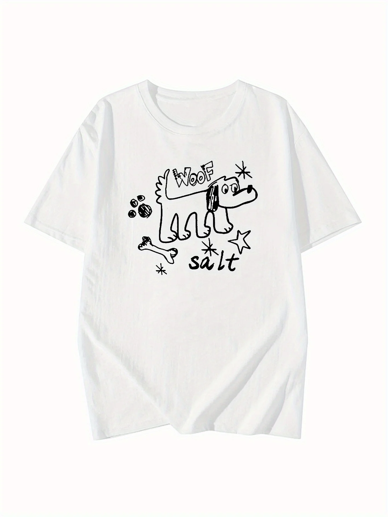 Camiseta blanca de verano con estampado de perro de dibujos animados "Love Salt", cuello redondo, informal, a la moda, de manga corta, Harajuku, informal