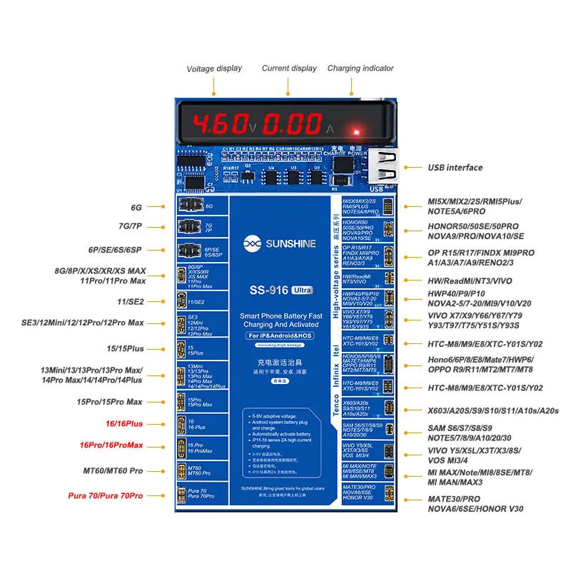 SUNSHINE SS-916 Ultra Charging Activation Fixture 5-9V Adaptive Voltage Support to IP6G-IP17 and Android Models