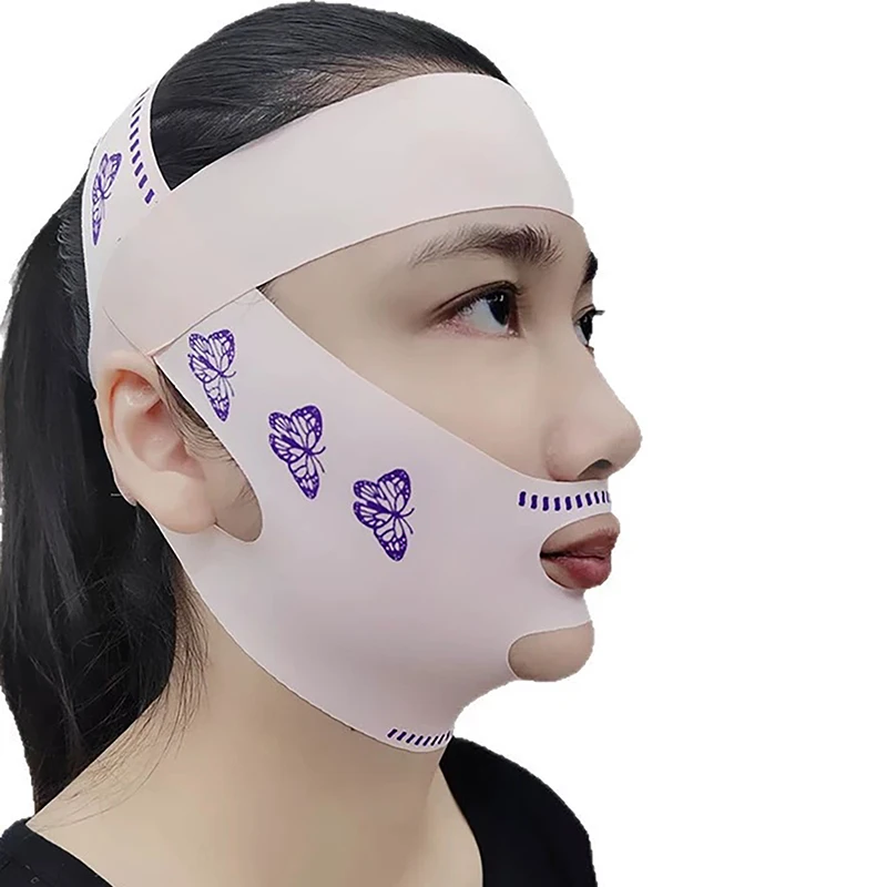 ソフトピンクのフルフェイス圧迫包帯ヘッドバンド、調節可能なストラップ付き、通気性があり、顔のリフトアップとサポートに最適、日常使いや睡眠に。