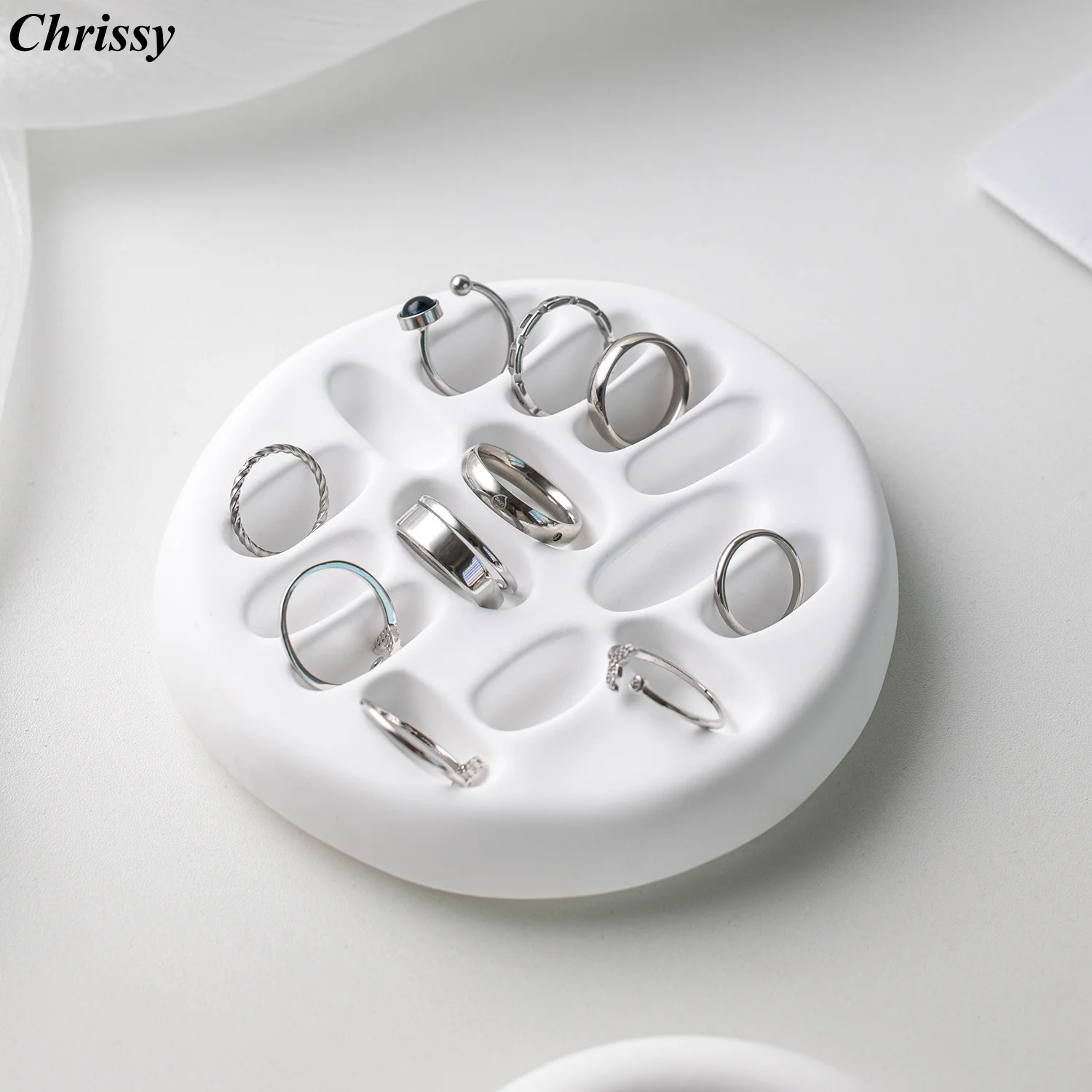 

White Gypsum Ring Display Holder, Minimalist Stand for Multiple Rings, Jewelry Photography Prop & Organizer Tray