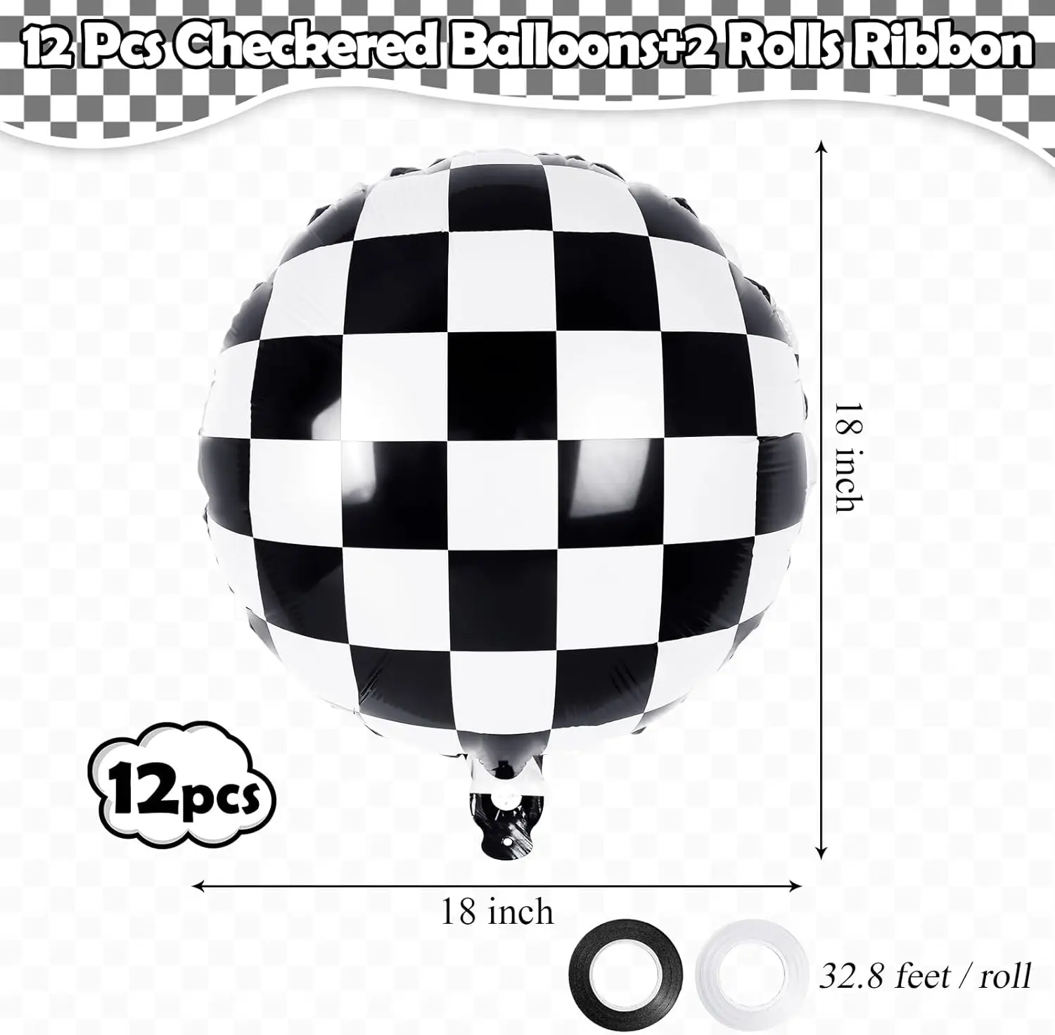 12 Pcs 18 Inch Black and White Checkered Racing Foil Balloons, Balloons for Race Car Birthday Party Supplies Decorations - view 3