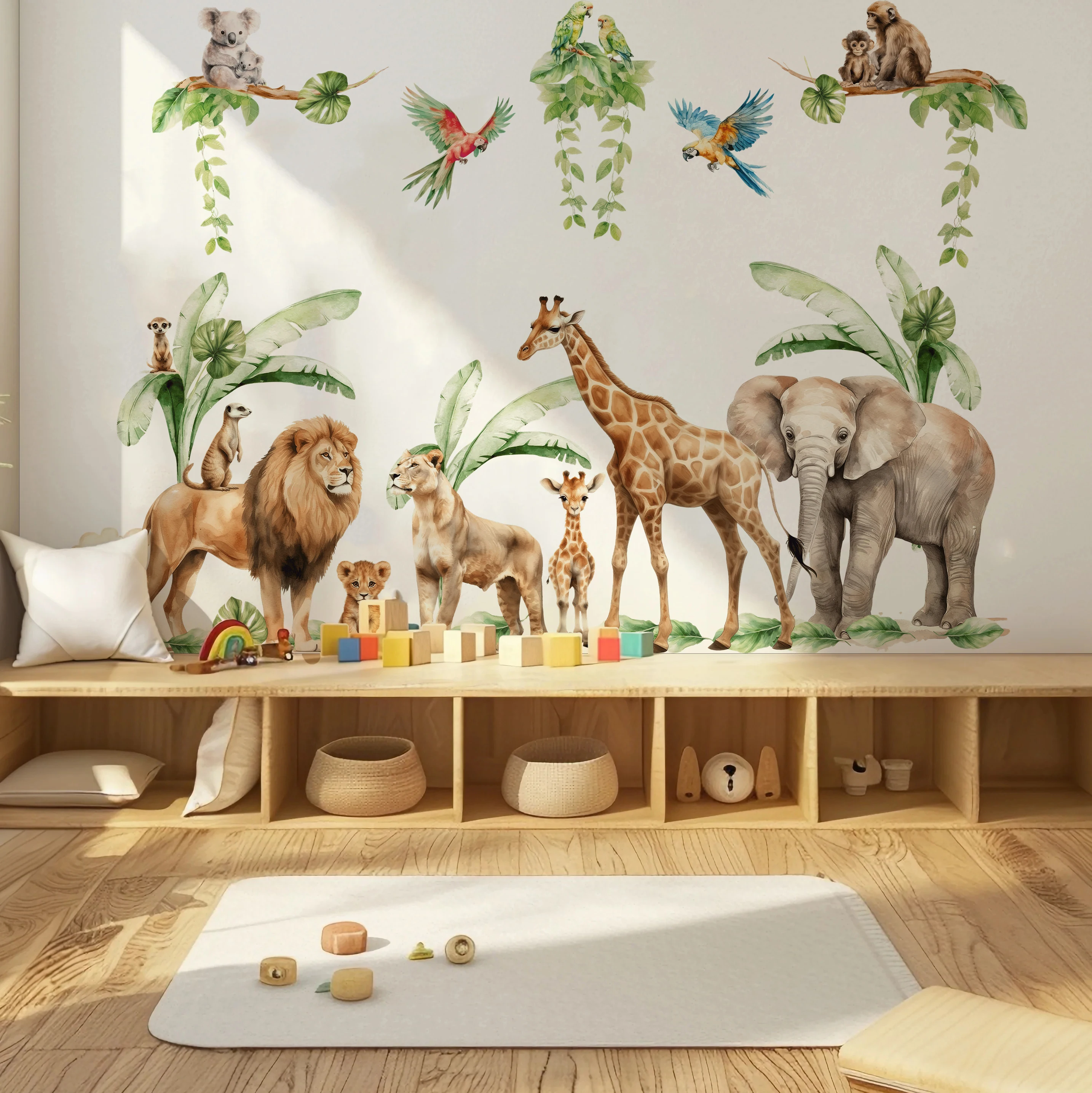 Large Jungle Animals Tree Branch Froest Wall Stickers, Safari Elephant Leopard Giraffe Wall Decal Bedroom Playroom Decor