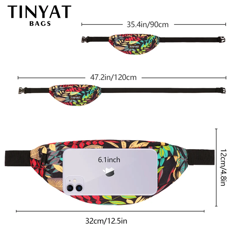 TINYAT Print Leaf Travel Waist Bag for Men and Women Fashion Casual Shoulder Bag Man Belt Pouch Female Banana Fanny Bag