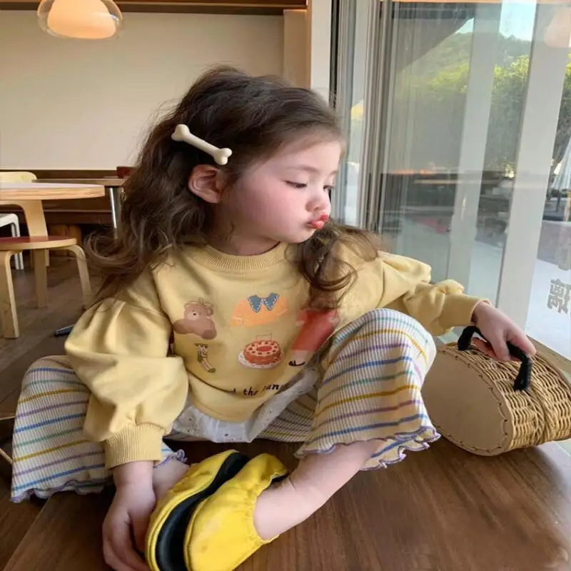 فتاة البلوز بأكمام طويلة Kawaii معطف غير رسمي ملابس الأطفال الكورية الفتيات هوديي موضة الكرتون طباعة الجولة الرقبة الدانتيل الاتجاه #1