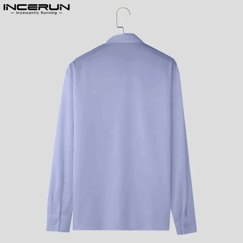 INCERUN Men Shirt Patchwork Lapel Long Sleeve Button Casual Men Clothing Streetwear 2024 Transparent Fashion Male Shirts S-5XL