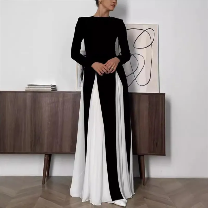 Elegant Black White Patchwork Maxi Dresses Women Fashion O-neck Long Sleeves Contrasting Dress 2025 New Evening Party Robes