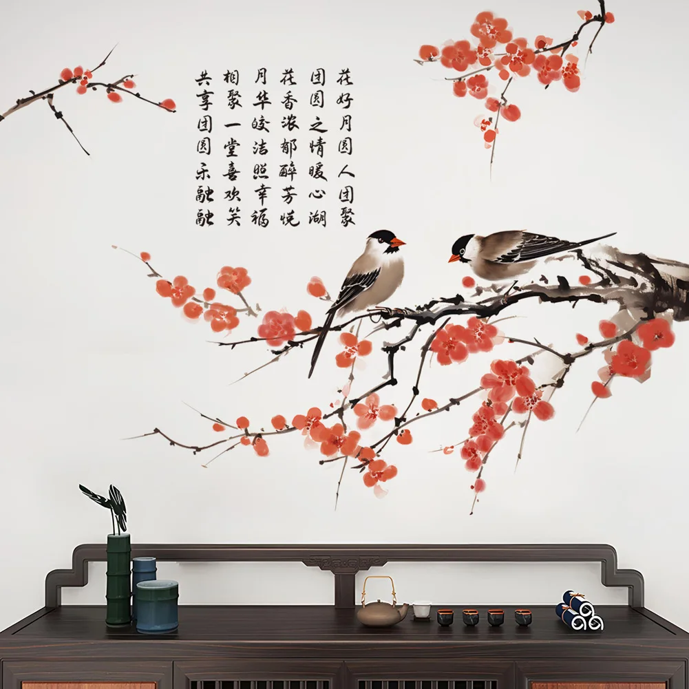 

Chinese Style Plum Blossom Birds Wall Stickers Living Room Background Decor Decals Bedroom Home Decoration Self-adhesive Mural