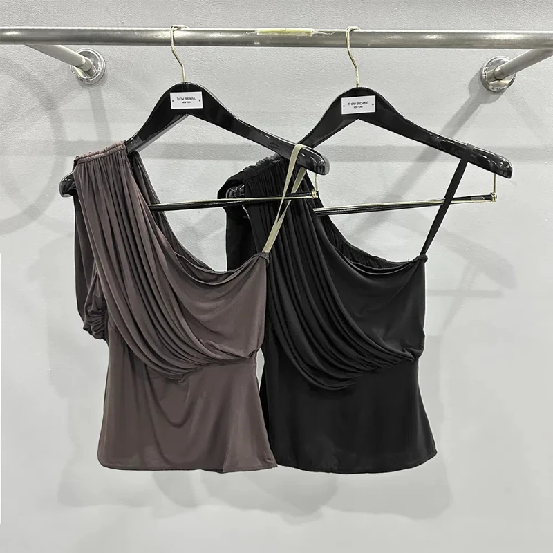 

Summer Dark Black Folds Designer Camis One Shoulder Tanks Y2k High Street Tops High Quality Women's Clothing