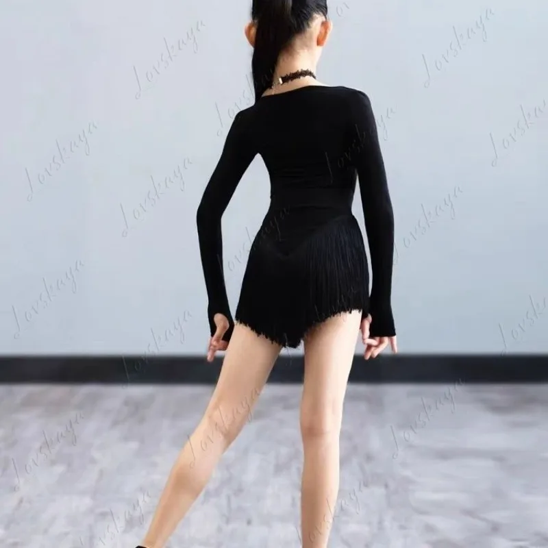New Style Latin Dance Outfit - Women's Dance Training Suit with Long Sleeves and Frilled Skirt for Children in Black Set