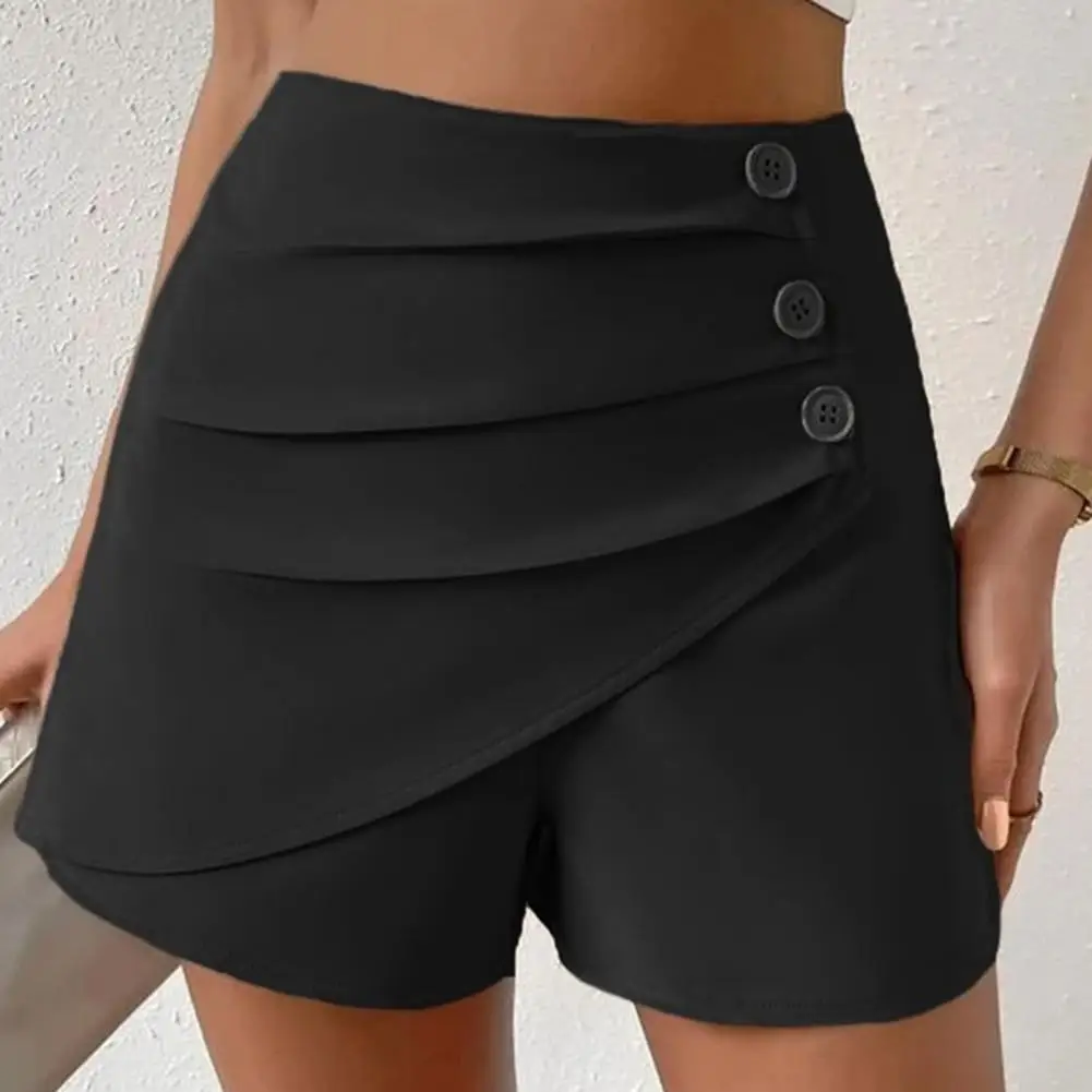 Lady Shorts Stylish High Waist Women's Summer Shorts with Pleated Button Detail for Tummy Control Slim Fit Above Knee Length