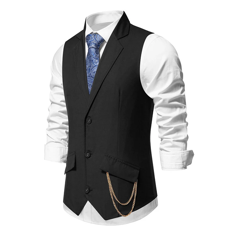 Men\'s Classic Solid Color Slim Vest Business Casual Suit Vest Flip Lapel with Chain Accessories Wedding Banquet Vests