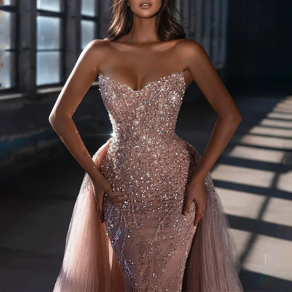 

Pink Tulle Elegant Evening Dresses Sweetheart Strapless Vintage Party Prom Gowns Trumpet Beading Evening Prom Dresses Customized