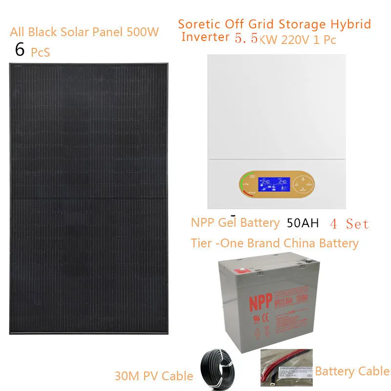 5000W Home Solar Kit with 3000W Hybrid Inverter, 110V/220V Battery, Off-Grid Solar System for Car Camping, Caravans, and Boats