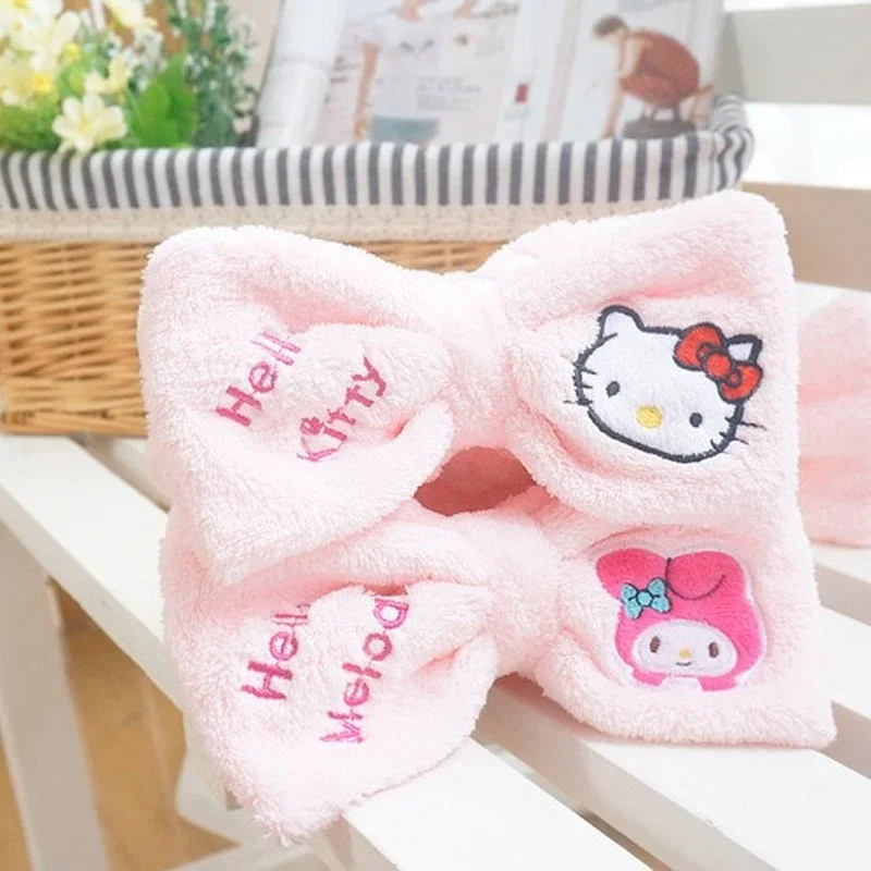 Hello Kitty Wash Face Hair Holder Hairbands Soft Warm Coral Fleece Bow Headband For Women Girls Turban Fashion Hair Accessories