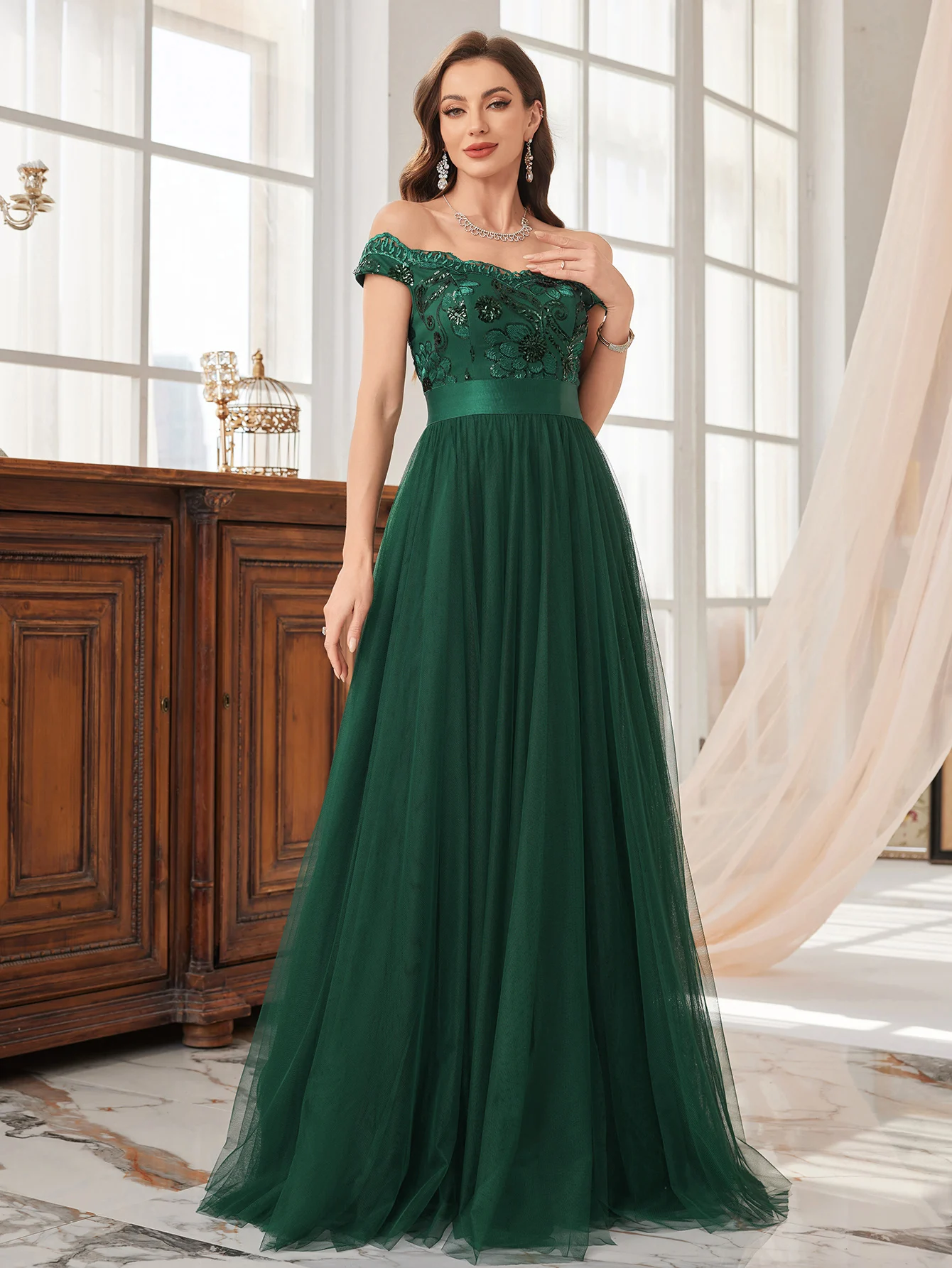 UNITHORSE Abito da donna elegante con spalle scoperte, alta fattura, perline, cuciture con paillettes, vita stretta, abito da ballo con spacco alto, tessuto a rete