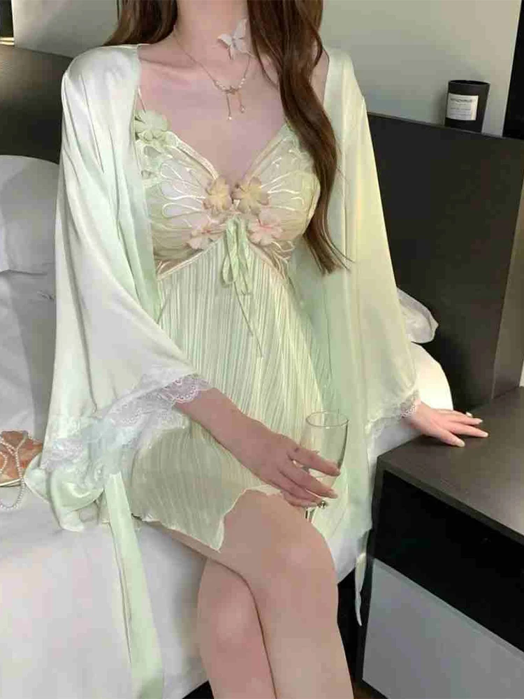 Women's Green Two Pieces Nightgown Sexy Sleepdress Sleepwear Deep-V Night-robe Mini Nightdress Set Bodysuit Exotic Lingerie New