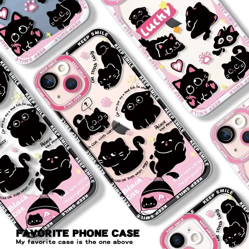 Kawaii Black Cat Soft Silicone Case For Samsung Galaxy S24 S23 S22 Ultra S21 S20 FE Note 20 10 Plus A15 A25 A35 A55 Clear Cover