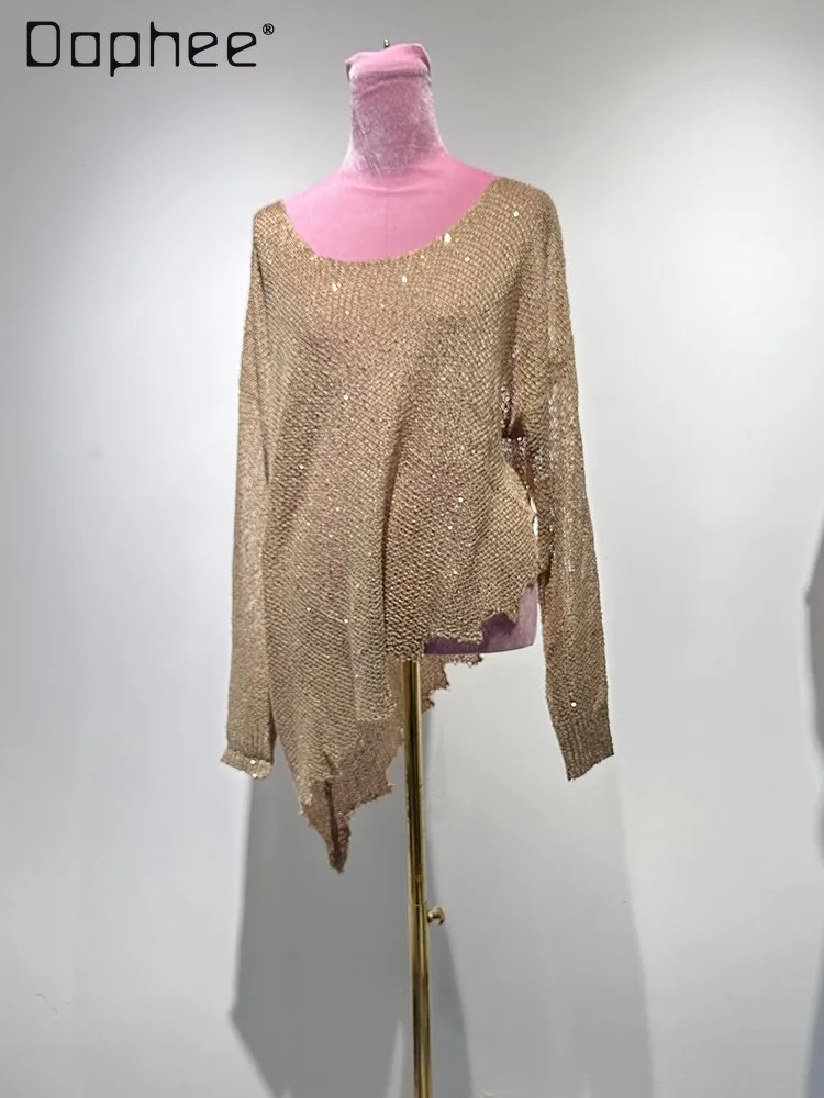 Sequined Blouse Shine Sliver Gold Bright Silk Thin Knitted T-shirt Long Sleeve Irregular Hem Loose Casual For Women Sunscreen