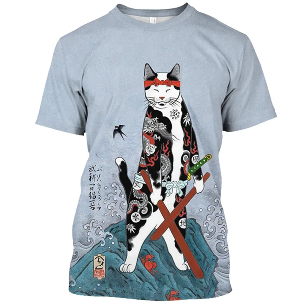 Japanese Mythology Samurai Cat 3D Harajuku Print Graphic Summer New Men's and Women's Daily Round Neck Short Sleeve T-Shirt Tops