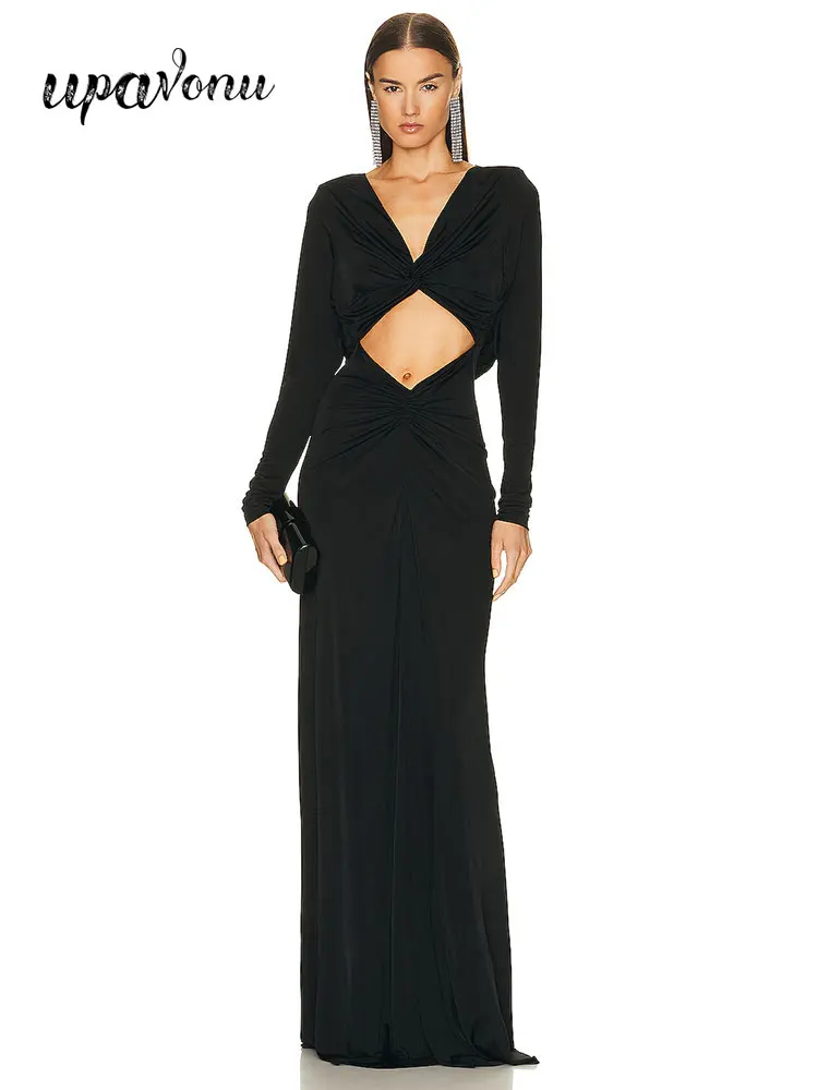 

Sexy Women Black Maxi Dress V-neck Long Sleeve Hollow out Design Slim Fit Long Dress Light Luxury Celebrity Cocktail Party Dress