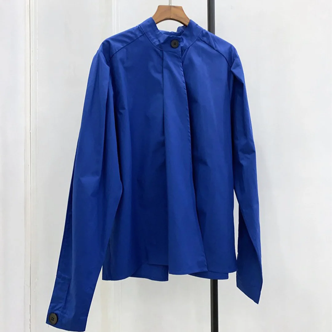 

2025 Early Autumn Simple Cotton Stand-Up Collar Long-Sleeved Shirt Top For Women