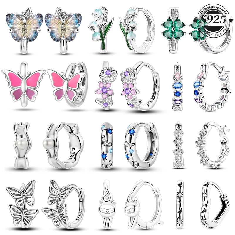 

Simple Original 100% 925 Sterling Silver Sparkling Zircon Butterfly Liquid Metal Double Hoop Earrings For Women Wedding Jewelry