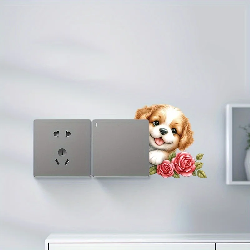 1pc Adorable Puppy Switch Stickers Bedroom Living Room Light Switch Decals Cartoon Animal Home Decoration Wterproof Wall Sticker