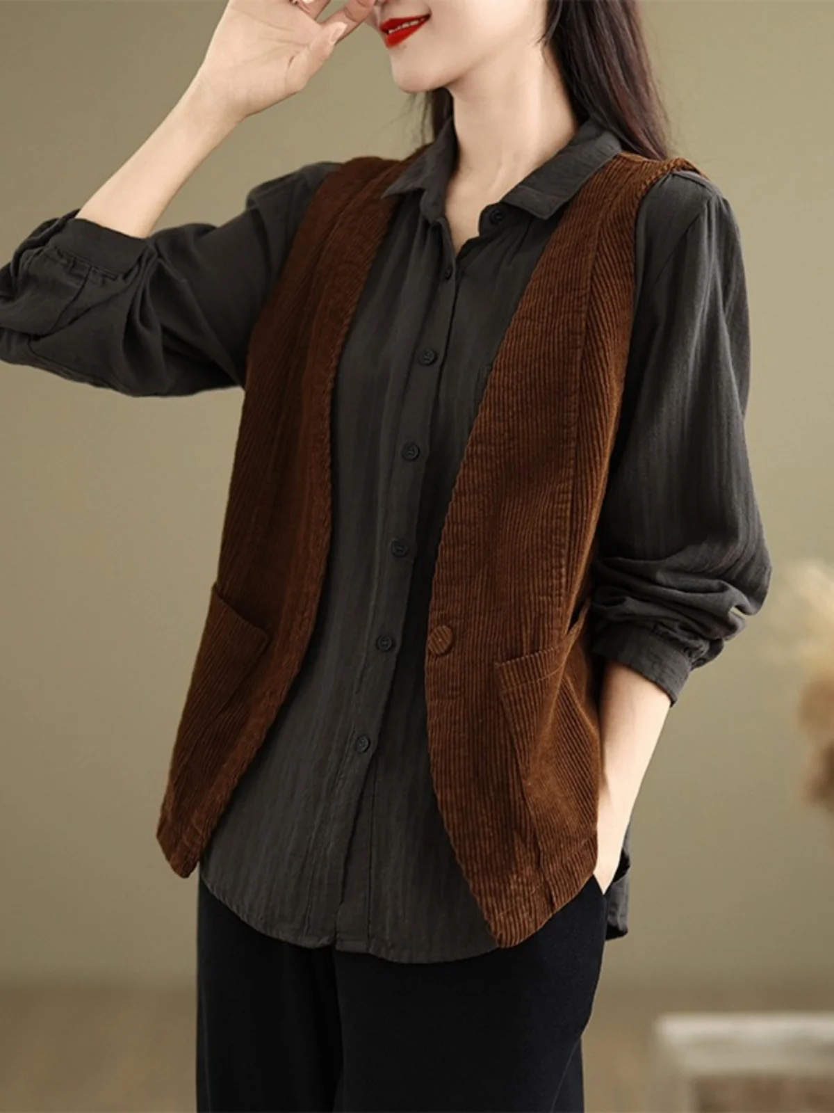 

Retro V-Ne Corduroy Jaet Women's Spring Autumn Loose Casual Svel Layering oulder Pad Vest Top