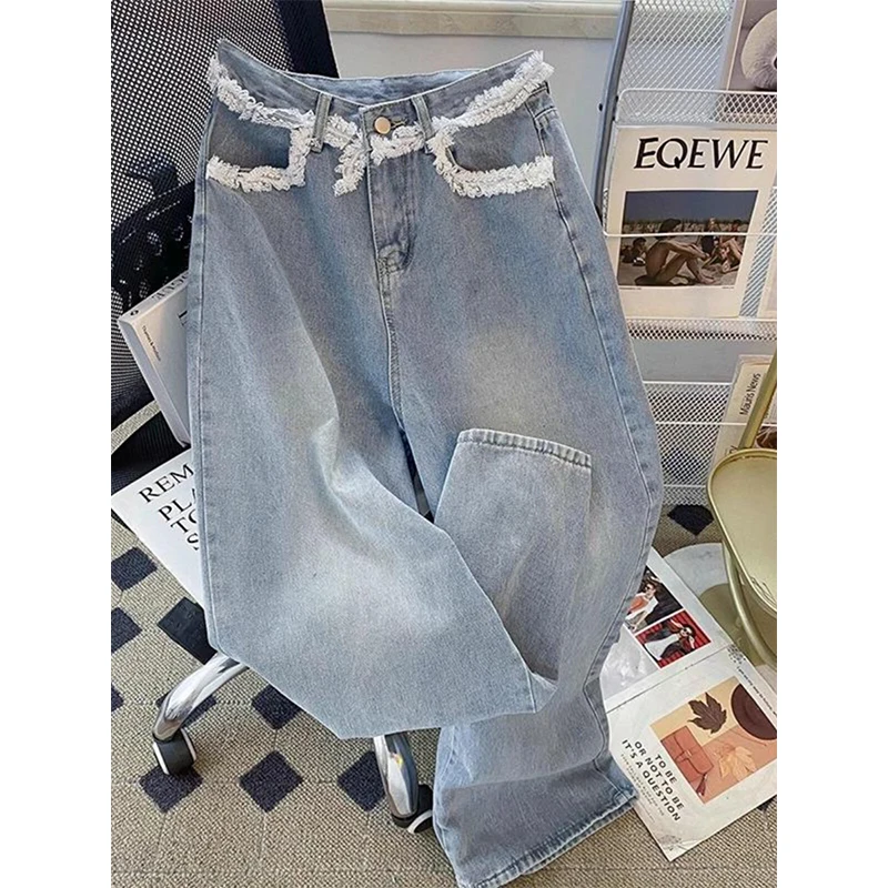 Lace Splicing Women's Jeans Autumn Korean Style Streetwear Lazy Style Straight Leg Trousers Personalized Vintage Zipper Pants