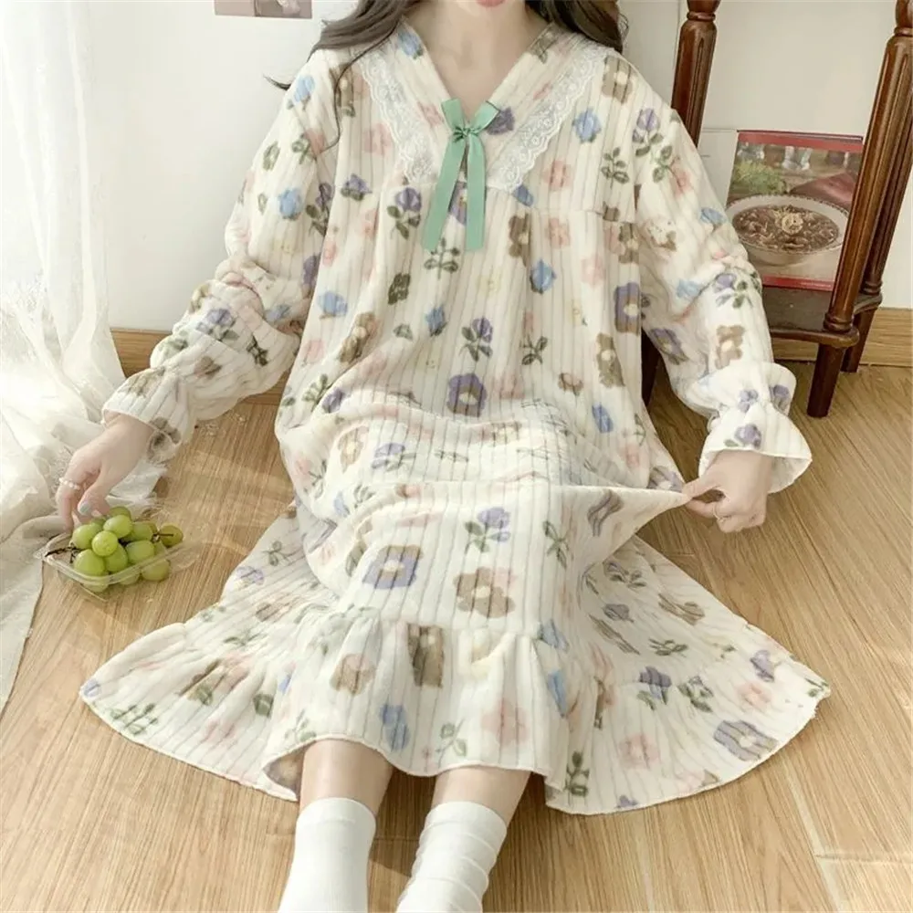 Formal DressesWoman ClothingFlannel Plus Size Nightgown Women'S Casual Wide Warm At Home Winter Wear Printed Pajamas Nig