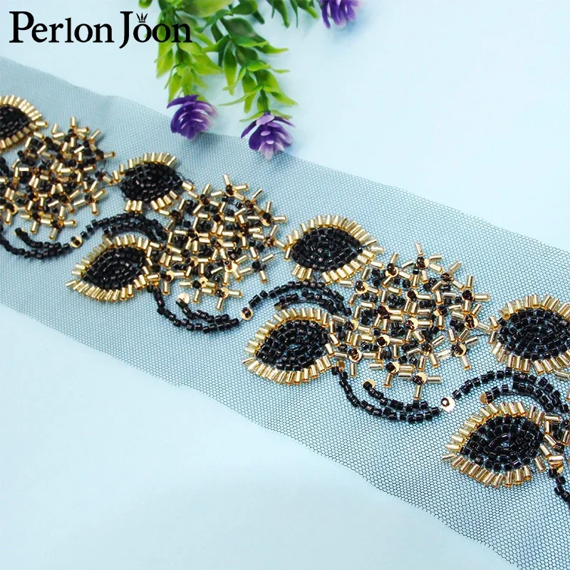 5 Yards Rattan Flower Shape Black Gold Glass Beaded Imitation Handmade Mesh Lace Trim DIY Sew Decorated for Clothing Dress HB082