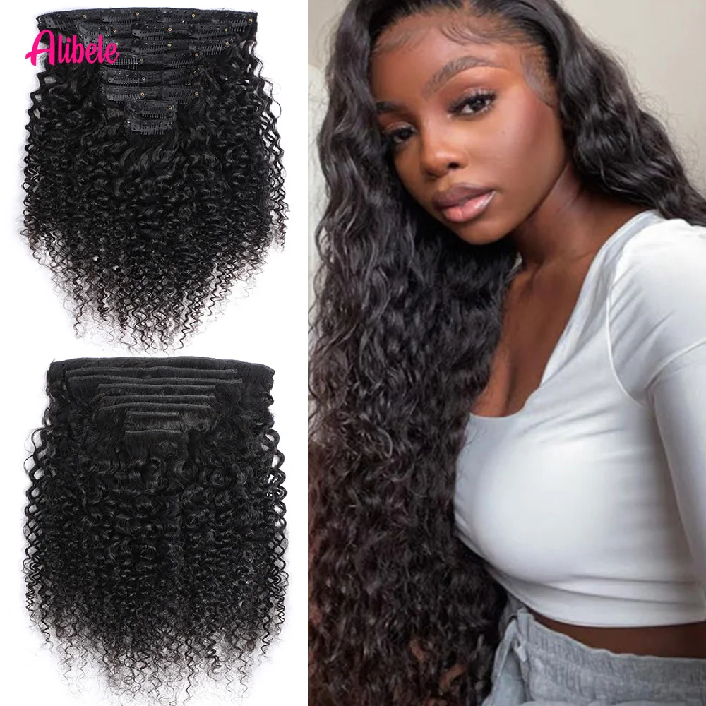 

Alibele полная голова 100% человеческие волосы Remy Kinky Curly натуральный цвет перуанские заколки для наращивания человеческих волос 120 г 8 шт./компл. для женщин