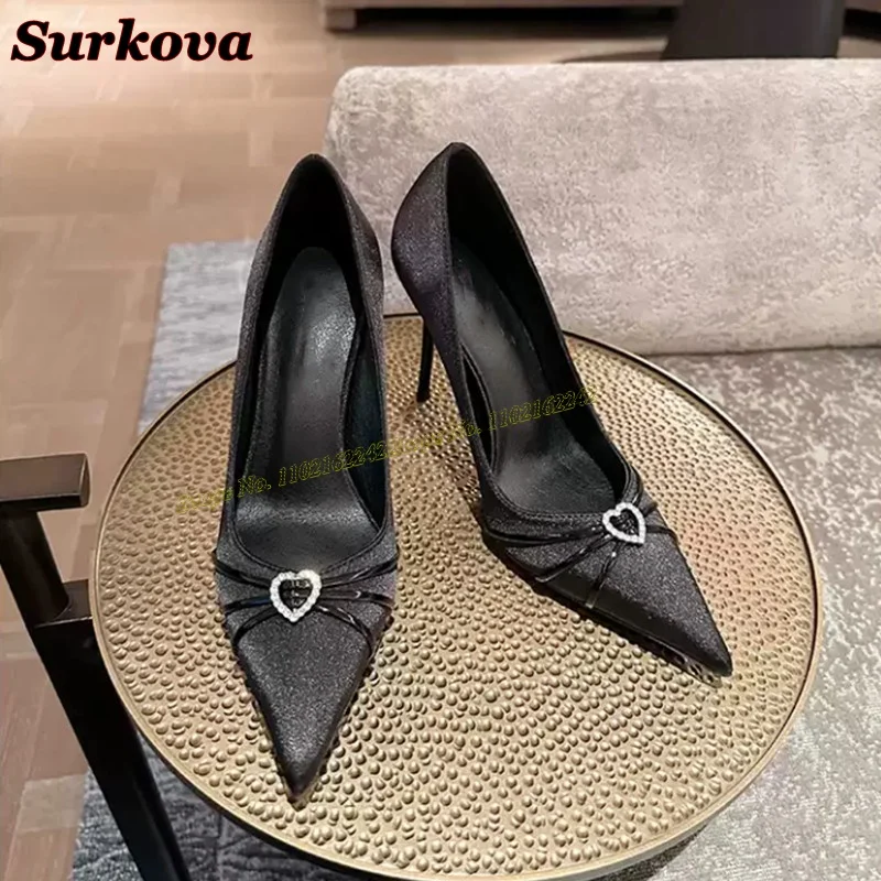 Black Rhinestone Heart Buckle Pumps Pointed Stiletto Shallow Satin High Heels Fashionable Banquet Dress Women\'S Shoes 2024 New