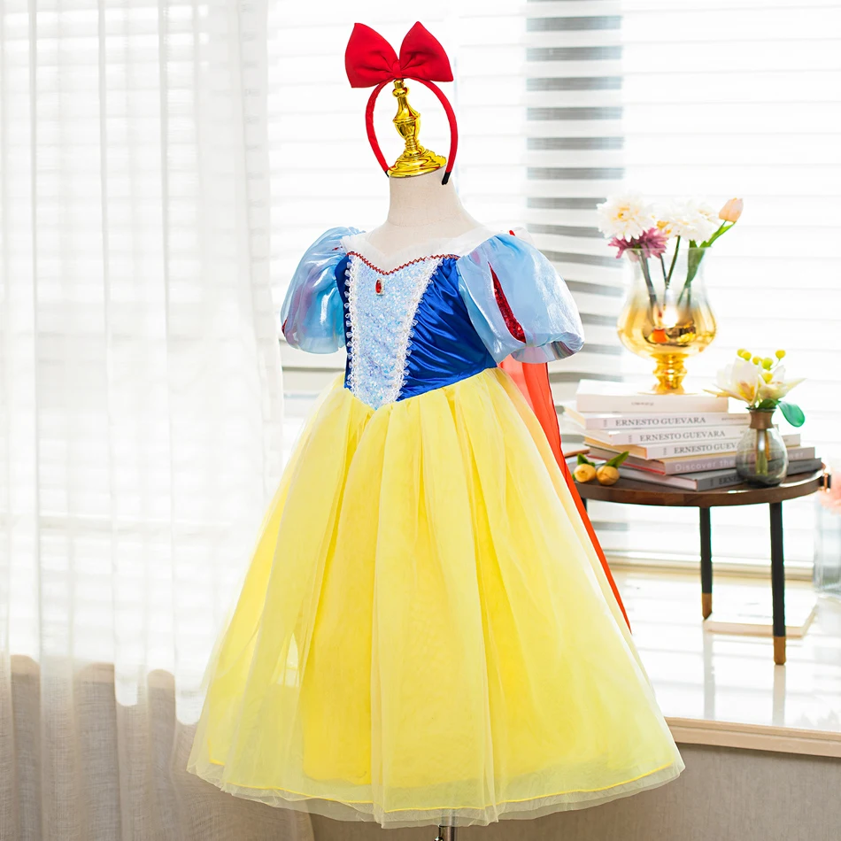 Vestido branco de neve Disney Princess com capa para meninas, fantasia cosplay para crianças, carnaval infantil, deluxe Halloween, luz LED, fada, meninas, 2-10t