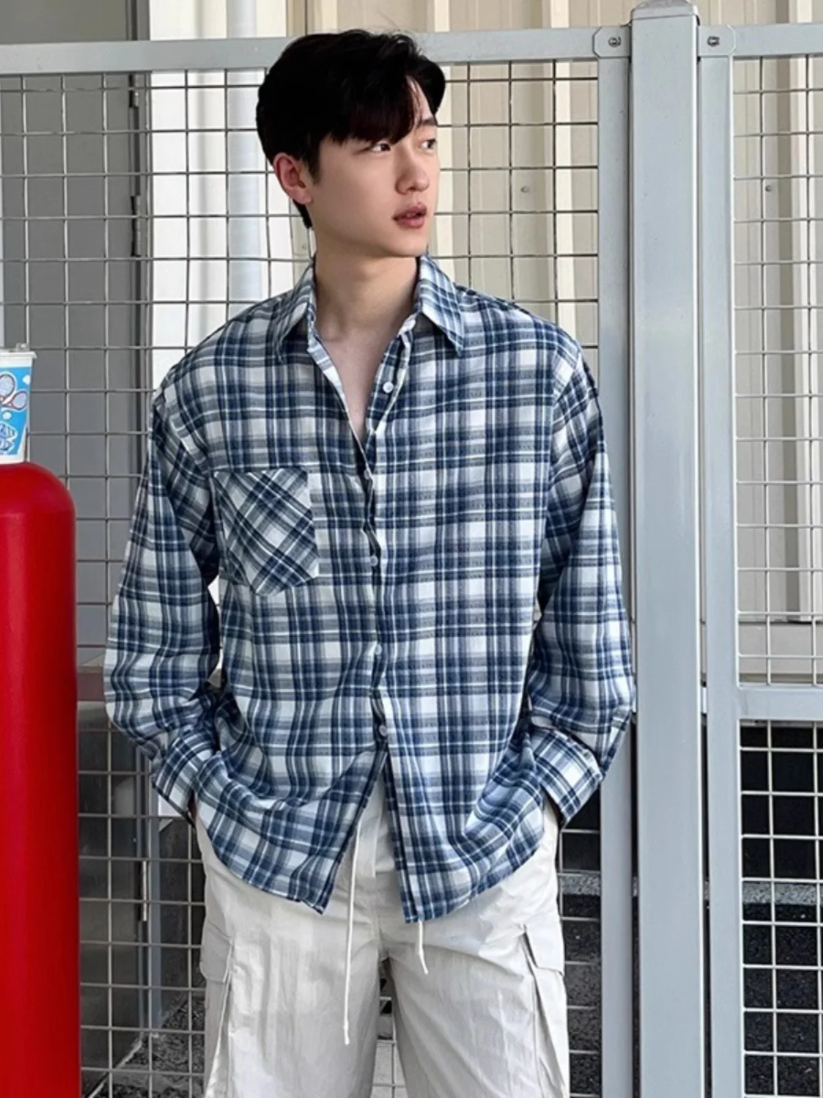 

Американская летняя тонкая солнцезащитная рубашка-куртка с длинным рукавом, мужская свободная рубашка из чистого хлопка в клетку, модная осенняя модель с воротником-стойкой